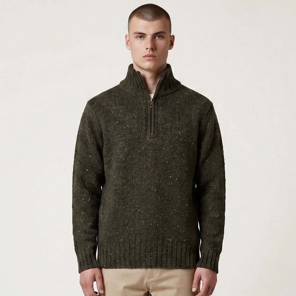 Aran Crafts Sweater Mens Small Green Donegal Fleck Wool Quarter Zip Made Ireland
